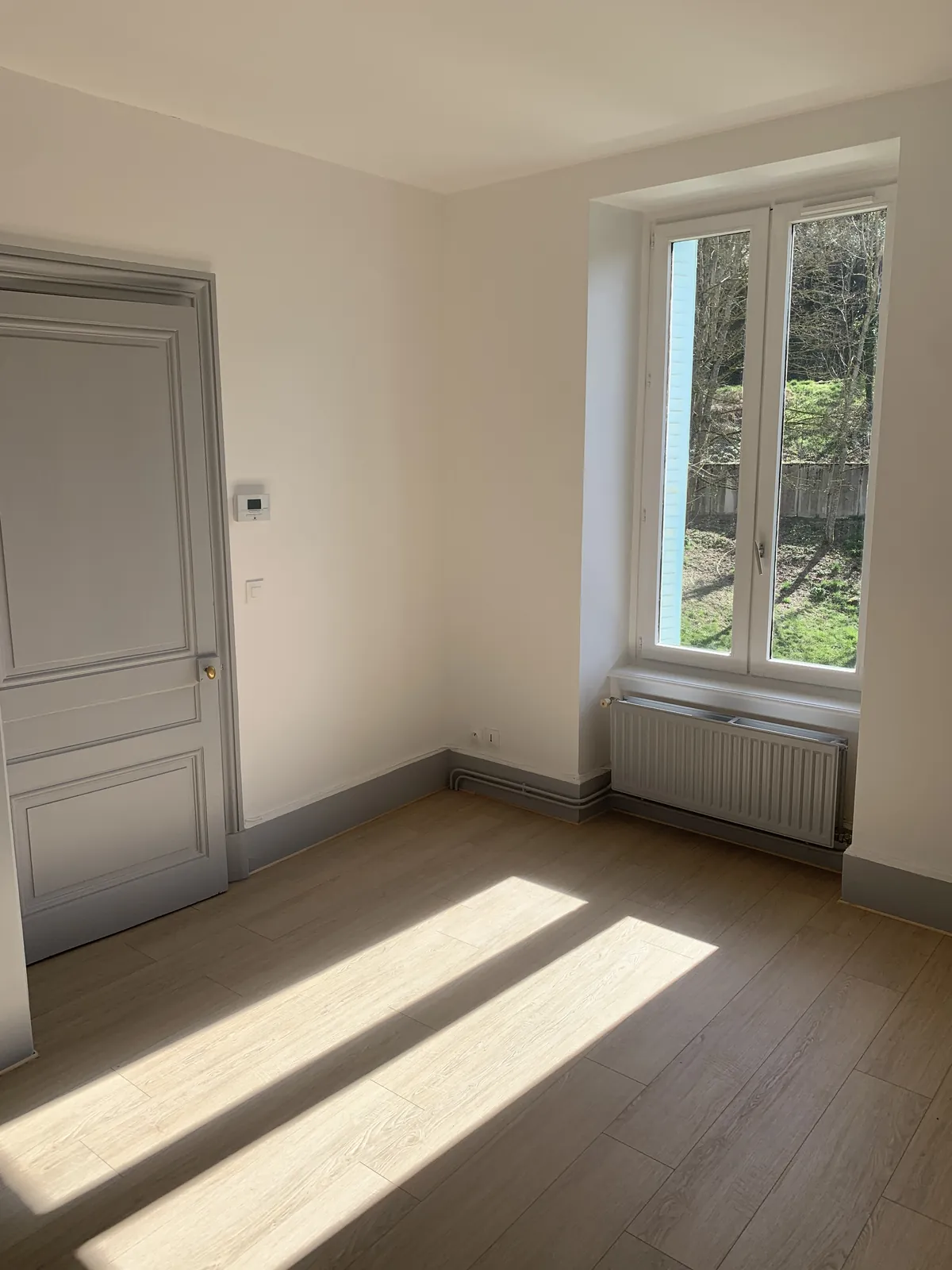 Salon rénové avec murs blancs, boiseries grises et parquet neuf