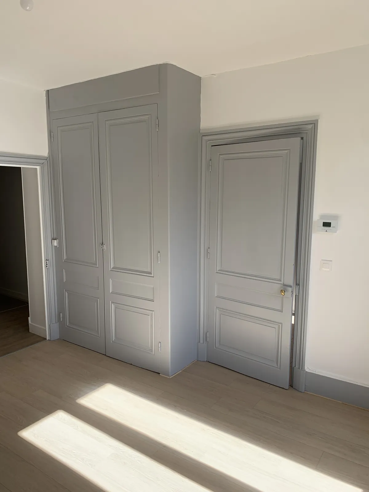 Placard, portes et boiseries du salon repeints en gris clair, parquet stratifié neuf